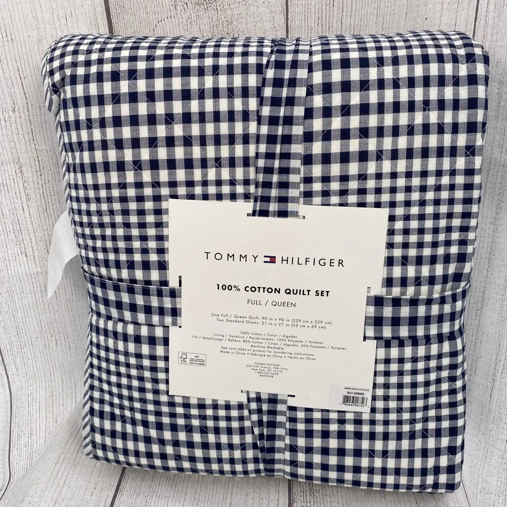 Tommy Hilfiger Quilt Set Full Queen Blue Modern Check Gingham Preppy Reversible